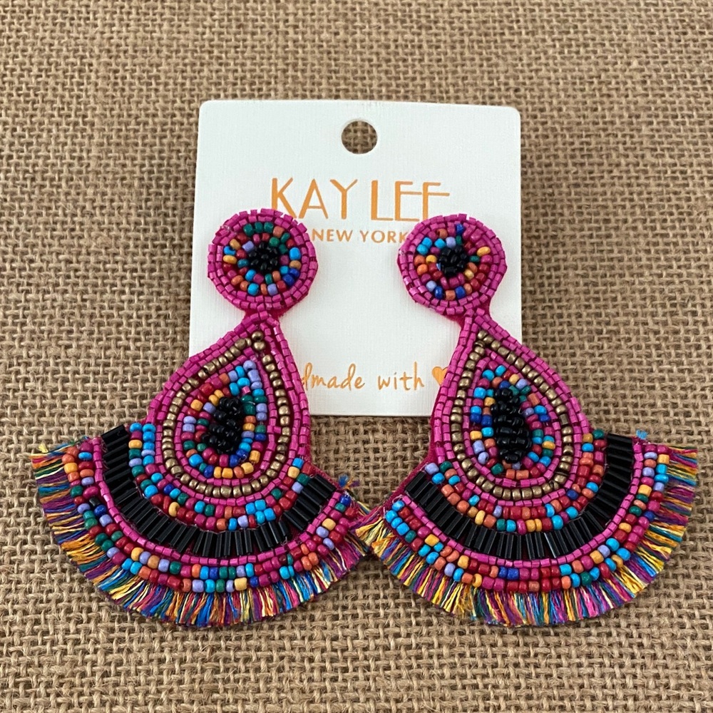 Multicolor Beaded Dangle Post Earrings by Kay Lee New York Handmade